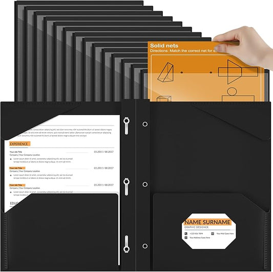 Henoyso 36 Pcs Plastic Folder with Clear Front Pocket and 3 Prong Plastic Folders with Card Slot Pocket Folders with Prongs for School Office (Black)