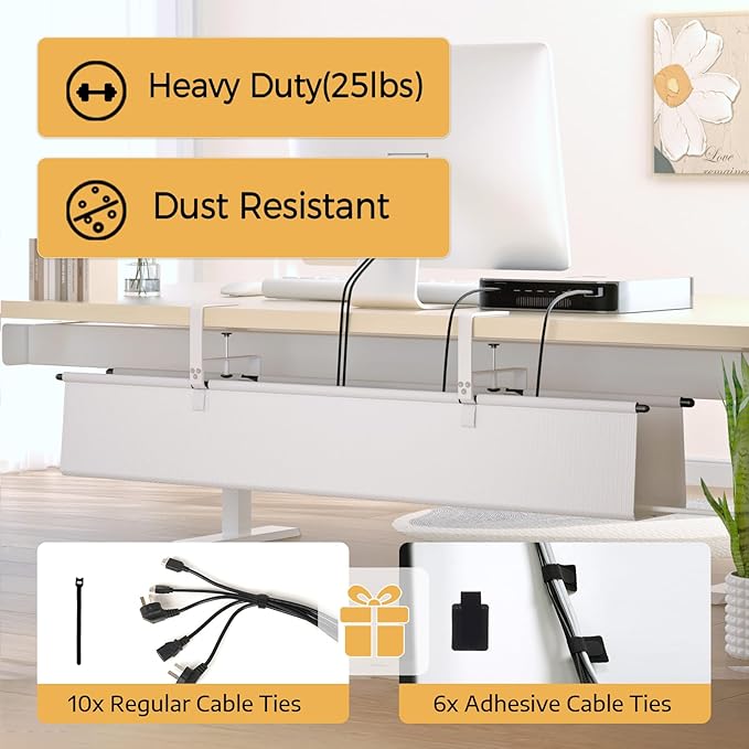 Under Desk Cable Management Tray - 36" Cord Organizer for Desk No Drill, Fabric Under Table Wire Organizer with 16X Cable Ties Hide for Office/Home, Cord Hider Fits Adapters & Sockets, White