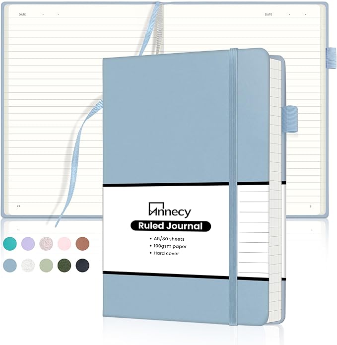 Annecy Numbered College Ruled Lined Journal Notebook, Medium 5.5x 8.25, 160 Pages 100GSM Writing Paper, A5 Haze Blue Faux Leather Cover with Pen Loop