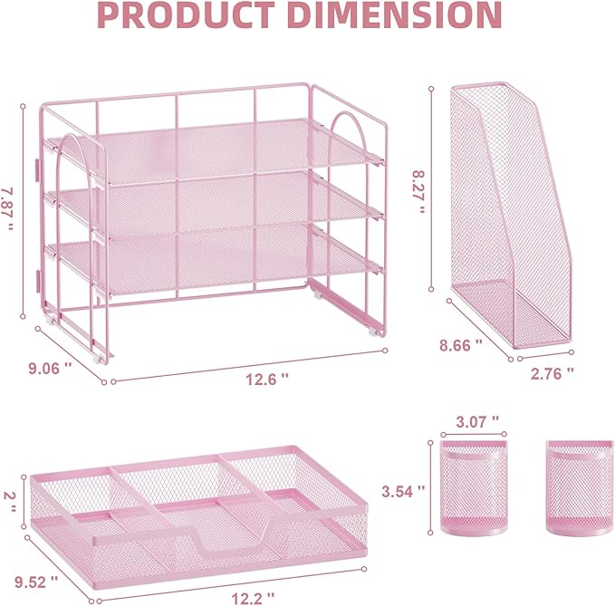 Marbrasse Desk Organizer and Accessories，4-Tier Paper Letter Tray Organizer with File Holder, Workspace Desk Organizers Accessories with Drawer and 2 Pen Holder (Pink, 15.4" x 9.1" x 8.3")