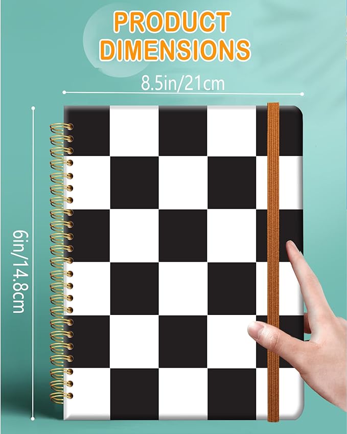 Ruled Spiral Writing Notebook,A5 Hardcover Lined College Journal for Women Lady,Fashion Puppy Watercolor Strong Twin-Wire Binding with Premium Paper,8.4" X 6",Perfect for School,Office,Home Gifts(Black White Checker)