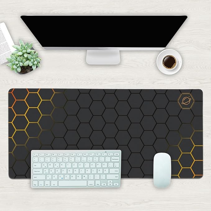 Desk Mat, Black Gold Honeycomb Technology Extended Gaming Mouse Pad Large, 35.4"x15.7" Big Mouse Pad with Non-Slip Base and Stitched Edge, Long Computer Keyboard Mouse Mat for Home Office Work
