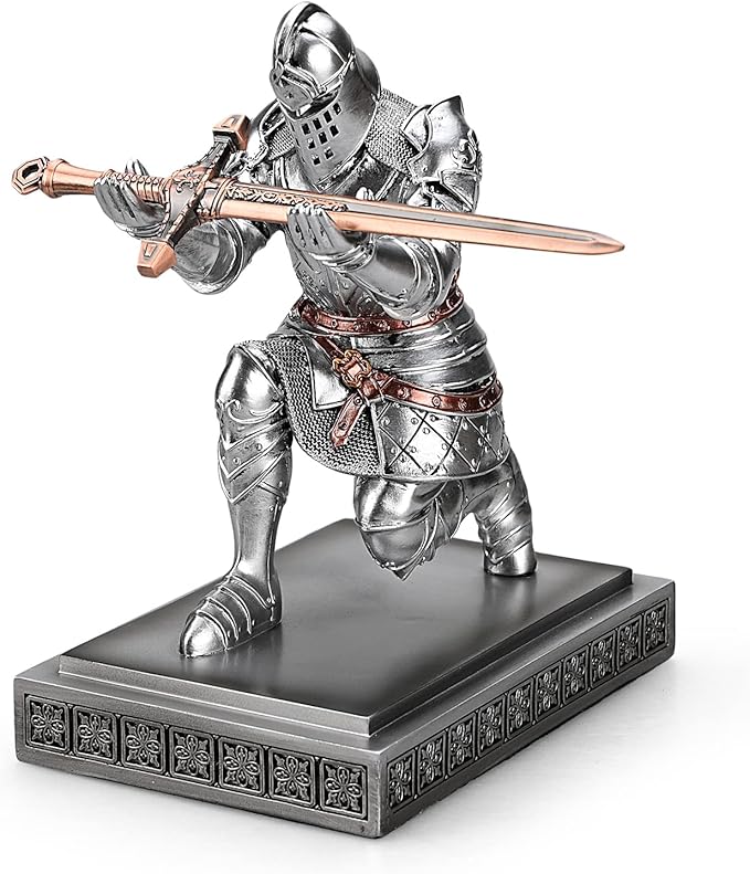 King's Guard Knight Pen Holder Pen Stand Desk Organizers and Accessories Resin Pencil Holder as Gift for Office and Home (Silver)
