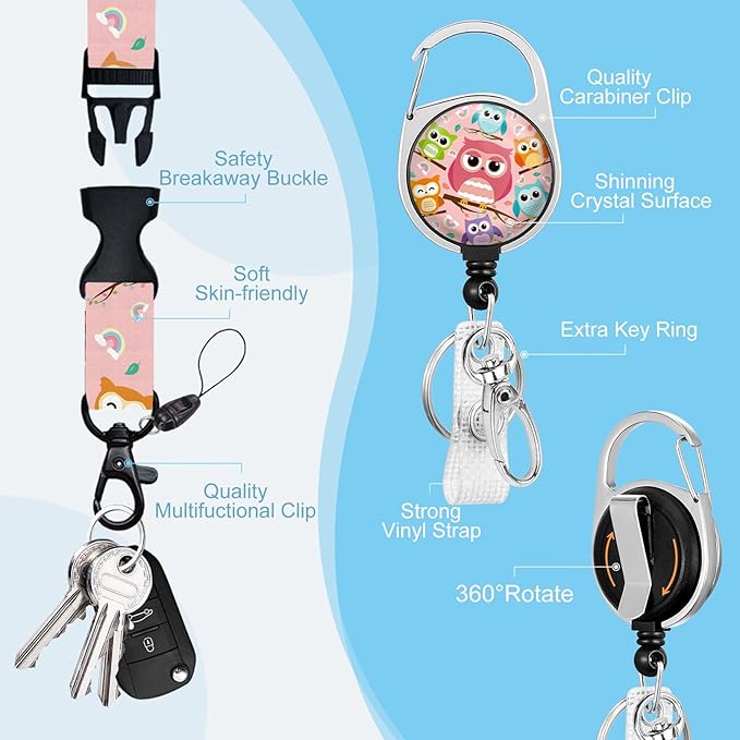 Gctriki Cute Owls Teacher Appreciation Gifts - Retractable ID Badge Holder with Lanyard & 360° Carabiner Clip, Heavy Duty Badge Reel Keychain Nurse School Office Accessories for Women Teachers