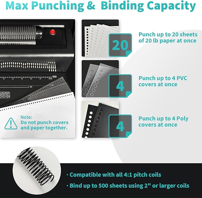 Binditek Spiral Binding Machine, Manual Punch & Electric Coil Inserter, 46 Disengageable Dies, Adjustable Side Margin, with 100 Pack 8Mil PVC Covers, 100 Pack 5/16'' Coils and Plier