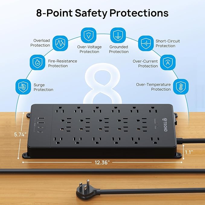TROND Surge Protector Power Strip, 22 Widely Spaced Outlets with USB Ports, Wall Mount, 4000 Joules, ETL Listed, 10 ft Flat Plug Heavy Duty Extension Cord for Home, Office, Dorm Essential, Black