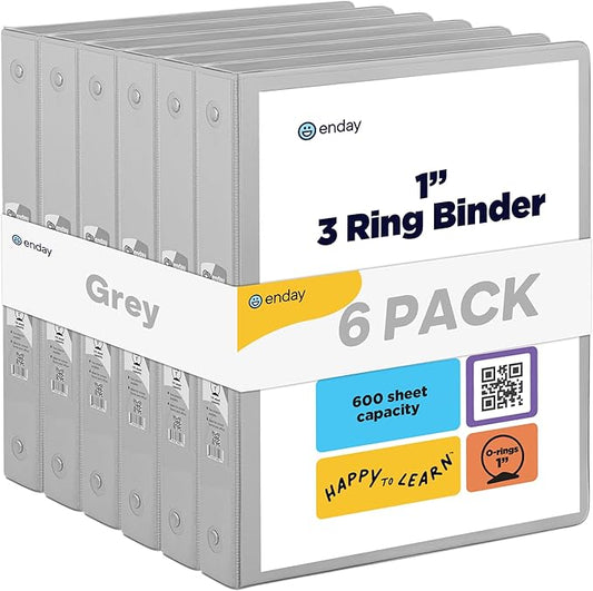 3 Ring Binder Grey, 1 Inch, 1” Clear View Cover with 2 Inside Pockets Round Ring Binder, Colored School Supplies Binders, Also Available in Pink, Blue, Purple, Green, and Red (6 PC) – by Enday
