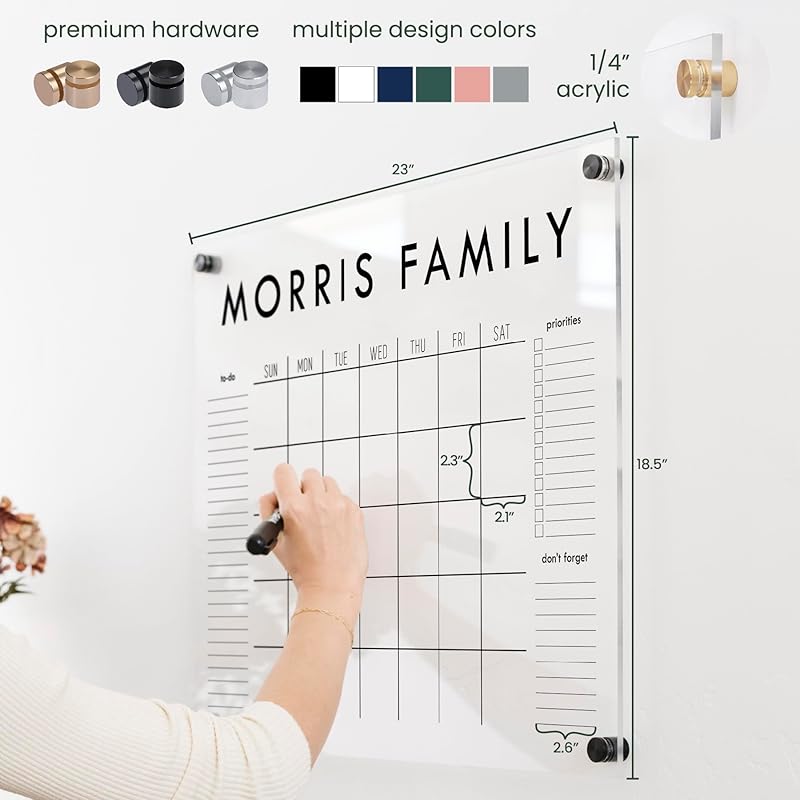 Personalized Clear Acrylic Calendar for Wall, Calendar Whiteboard for Wall, Dry Erase Wall Calendar, Wall Calendar Organizer System for Home (Block, White, 23"W x18.5"H)