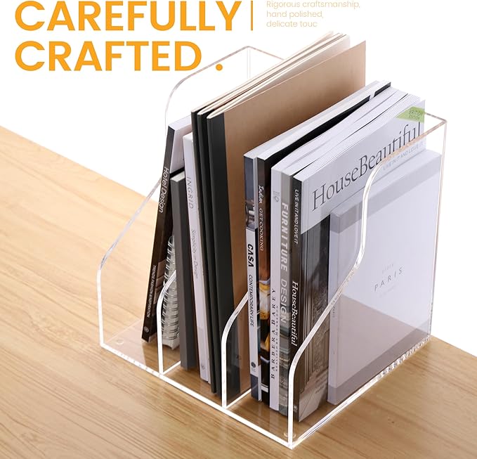 Desk File Organizer, Acrylic Magazine File Holder with 3 Vertical Compartments Rack File Sorter for Office Home Classroom Desk Organization, Clear…