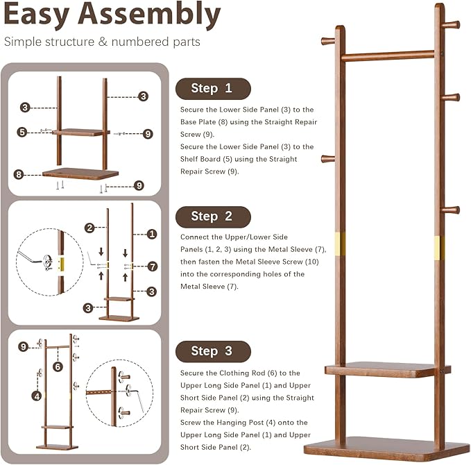 Solid Wood Coat Rack, Coat Rack Freestanding with 2 Shelves and 5 Hooks, Heavy Duty Coat Tree for Entryway，Living room，Coat Hanger Stand for Hats, Bags (Walnut Brown)