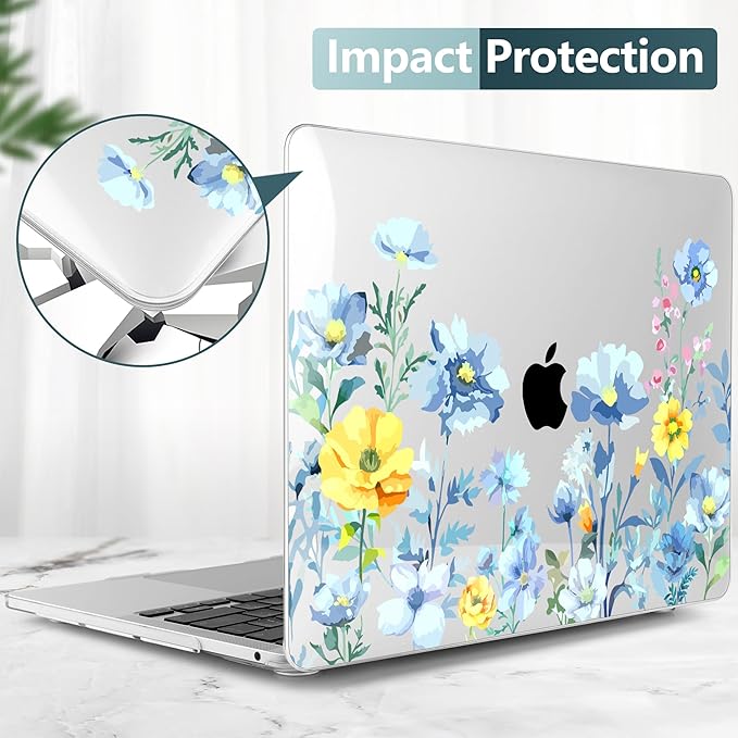 TWOLSKOO Compatible with MacBook Pro 13 inch Case 2023-2016 A2338 M2/M1 A2251 A2289 A2159 A1989 A1706, Plastic Hard Shell Cover & Keyboard Skin & Screen Protector, Blue Flowers