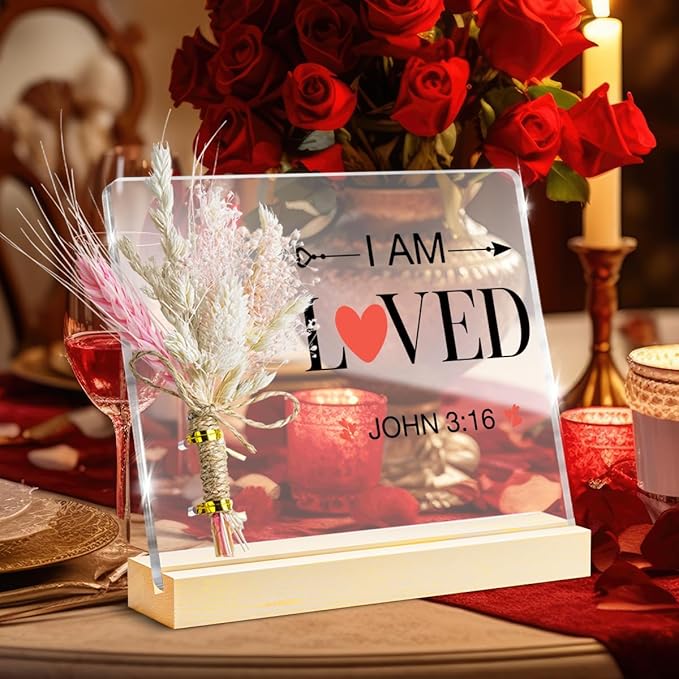 Valentines Day Gifts, John 3:16 Valentines Decorative Sign, Bouquet Acrylic Sign With Wooden Stand for Office Desk Table Shelf