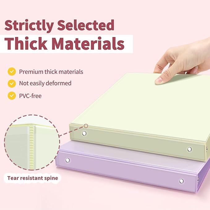 SUNEE 1/2 Inch Binders 3 Ring 4 Pack, Clear View 0.5" Binder Three Ring PVC-Free (Fit 8.5x11 Inches) for School or Office Supplies, Assorted Pastel