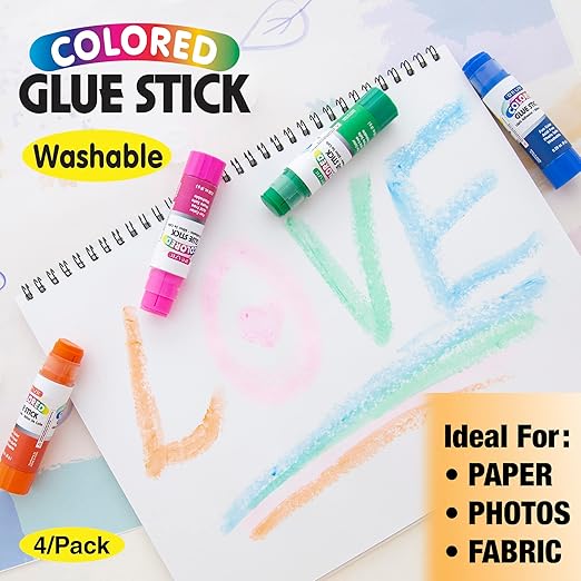 BAZIC Products Washable Colored Glue Stick 8g/0.28 Oz, All Purpose Acid Glue Sticks for Kids Photos Paper Kids at School Home Office (4/Pack), 1-Pack