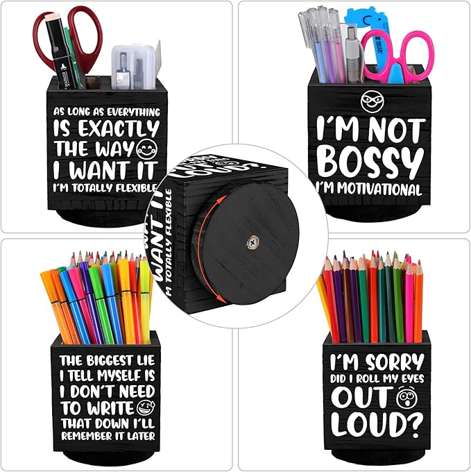 Outus Wooden Spinning Pen Holder for Desk I'll Remember It Later Pencil Holder Cute Organizer Funny Desk Decor Pencil Case Art Supply Storage Box for Home Office (Black)
