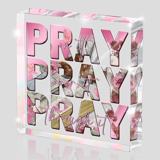Religious Gifts for Women, Pink Inspirational Decor Pray Over It Bible Verse Art Christian Gifts, 4x 4 Inches Office Desk Accessories Decor Sign