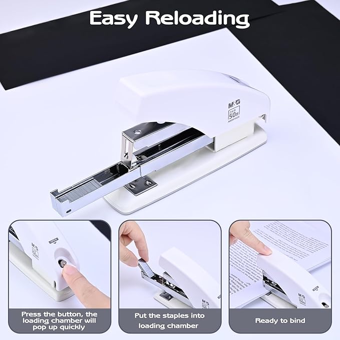 M&G Desk Effortless Stapler with 2000 Staples, 50 Sheets Capacity Heavy Duty Office Staplers, Jam Free, One Finger Touch Stapling Ergonomic Stapler for School Home Office Supplies (White)