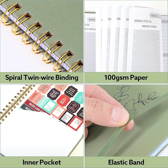 Undated Weekly Planner, A5 Weekly To Do List Notebook with Habit Tracker Spiral Binding Weekly Planner Notebook with Stickers Home Work School Supplies, Sage Green