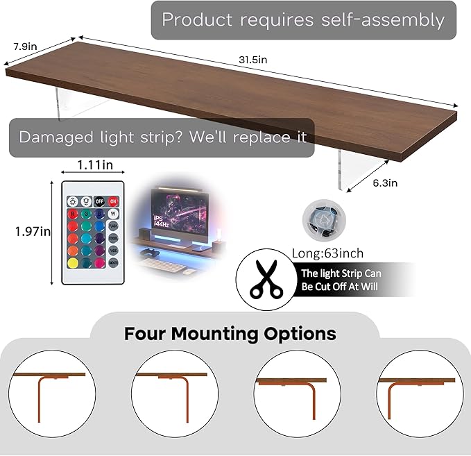 Monitor Stand Riser,Wood & Acrylic Computer Monitor Stand with LED Light,Desk Accessories Desktop Organizer Stand for Computer,Laptop,Printer,PC & TV Screen