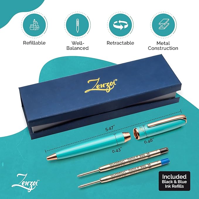 ZenZoi Turquoise Ballpoint Pen – Retractable, Executive Pen for Women w/Rose Gold Trim. Nice Writing Schmidt Ink Refills. Fancy, Luxury Pen Gift Set. Note Taking, Journaling Ball Pen