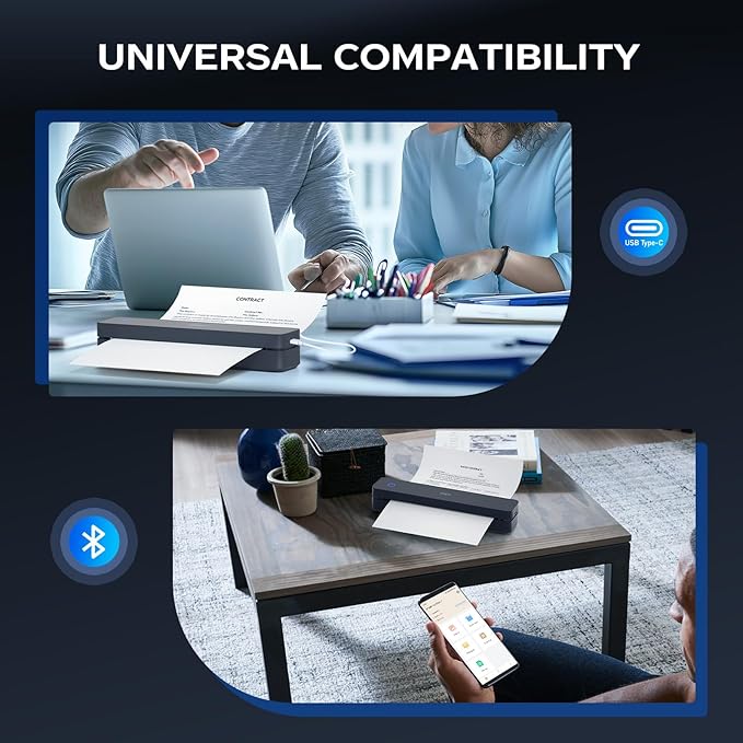 PRT Thermal Portable Printer Wireless for Travel, Inkless Bluetooth Support 8.5"x11" US Letter, A4, Compatible with iOS, Android, Laptop, Mobile Printer for Office, Vehicle, Home Use