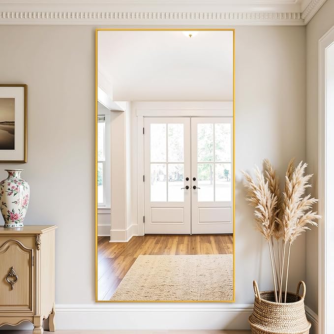 Full Length Mirror, 76"x34" Oversized Floor Mirror Freestanding, Full Body Mirror Floor Standing Mirrors with Stand, Hanging Mounted Mirrors for Bedroom Living Room, Gold, Rect Style