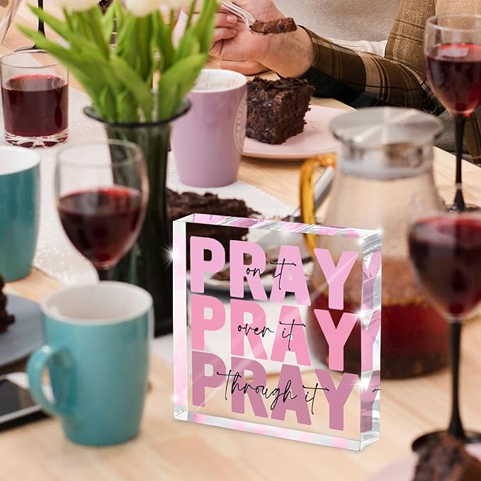 Pink Inspirational Decor Pray Over It Bible Verse Wall Art Christian Gifts for Women, 4x 4 Inches Office Desk Accessories Decor Sign, Pink Dorm Room Decoration for Women - Pray on it Pray through it