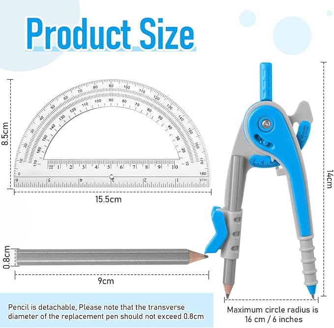 EBOOT Student Geometry Math Set, Drawing Compass and 6 Inch Clear Swing Arm Protractors 180 Degree Math Protractor(Blue)