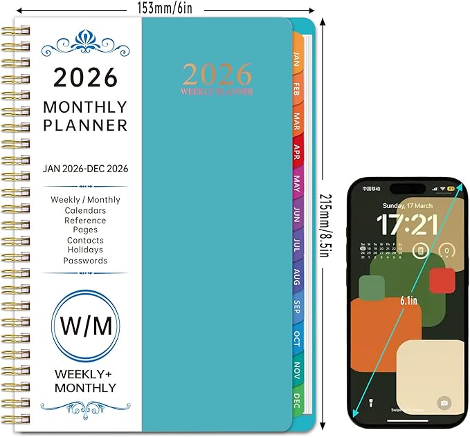 2026 Planner Weekly and Monthly, 2026 Academic Year (January 2026 - December 2026) Calendar wirh Tabs, Agenda Book for School Student, Teachers, Office Supplies,Home, 6" x 8.5" (Green JAN2026-DEC2026)