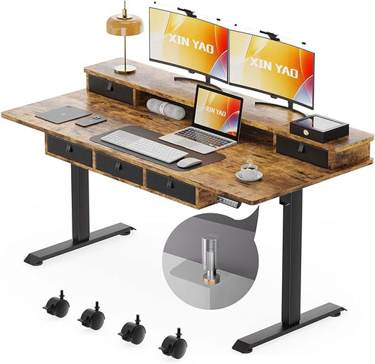 XINYAO Electric Standing Desk with 5 Drawers, 63x30 Inch Extra Wide Height Adjustable Sit Stand Up Desk with Storage Support 290lbs Ergonomic Rising Table with Wheels for Home Office