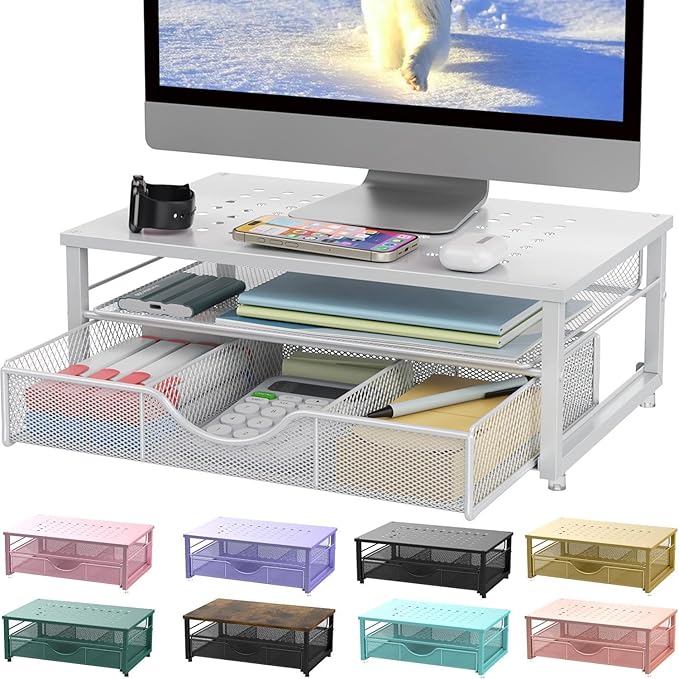 gianotter Computer Monitor Stand Riser, office organizer with Drawer, Office Organizers Storage for Classroom Office Supplies (White)