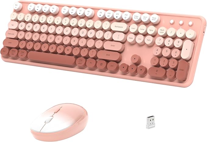 Wireless Keyboard and Mouse, Full-Size Retro Typewriter Keyboard with Round Keycaps, 2.4GHz for Windows, Mac, Laptop, PC, Desktop (Peach Gradient)