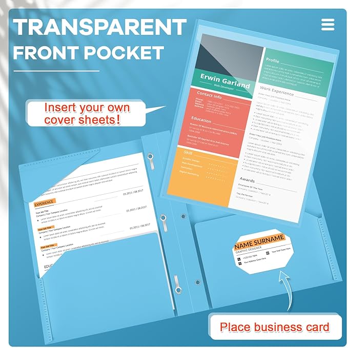 Henoyso 36 Pcs Plastic Folder with Clear Front Pocket and 3 Prong Plastic Folders with Card Slot Pocket Folders with Prongs for School Office (Light Blue)