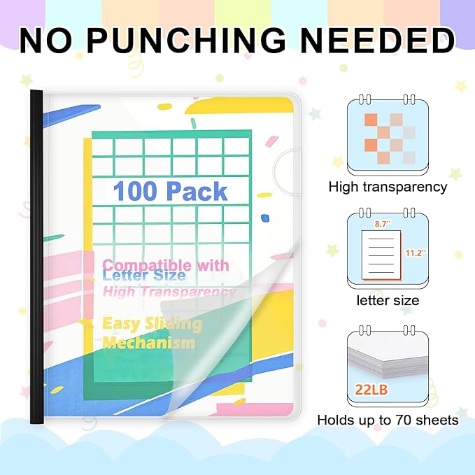 TOTiyea 100 Pack Letter Size Clear Report Covers with Sliding Bars, 9mm (70 Sheet Capacity) Sliding Bar File Folders, Black