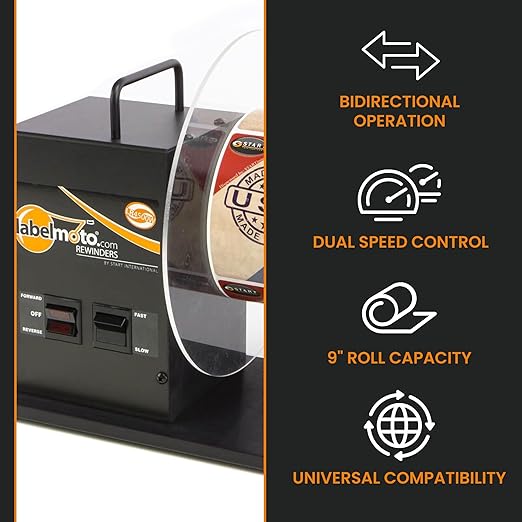Start International - Rewinder - Electric Label Rewinder Machine for Thermal Printers - Bidirectional Label Winder - 9 Inch Roll Capacity & Dual Core 1.25 3 Inch