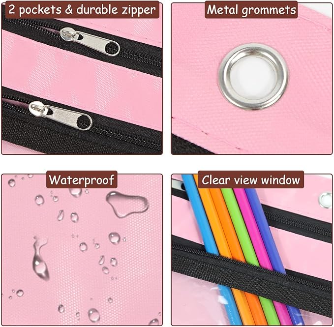YoeeJob 1 Pack Pencil Pouch for 3 Ring Binder, Expandable Binder Pouches with Zipper, Large Capacity Pen Holder Case with Clear Window School Class Office Organizers, Pink