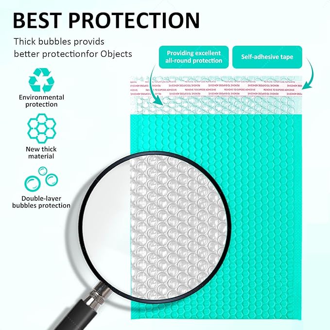 Bubble Mailers 8x12'' 100 Pack and 24PCS Fragile Stickers Teal Thick Waterproof Padded Poly Envelopes Bubble Wrap Mailers Self Seal Shipping Bags for Mailing Small Business Homes Envelope Mailers #2