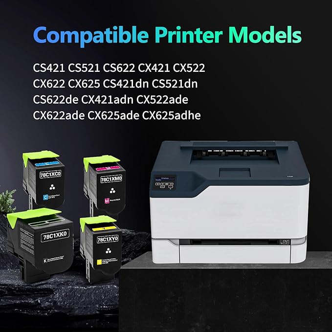 78C1X CS421 CX522 CS521 Toner Cartridge Extra High Yield Compatible for Lexmark CS421 CS521 CS622 CX522 CX421 CX622 CX625 Printer with 78C1XK0 78C1XC0 78C1XM0 78C1XY0（4 Pack 78C1X Toner）