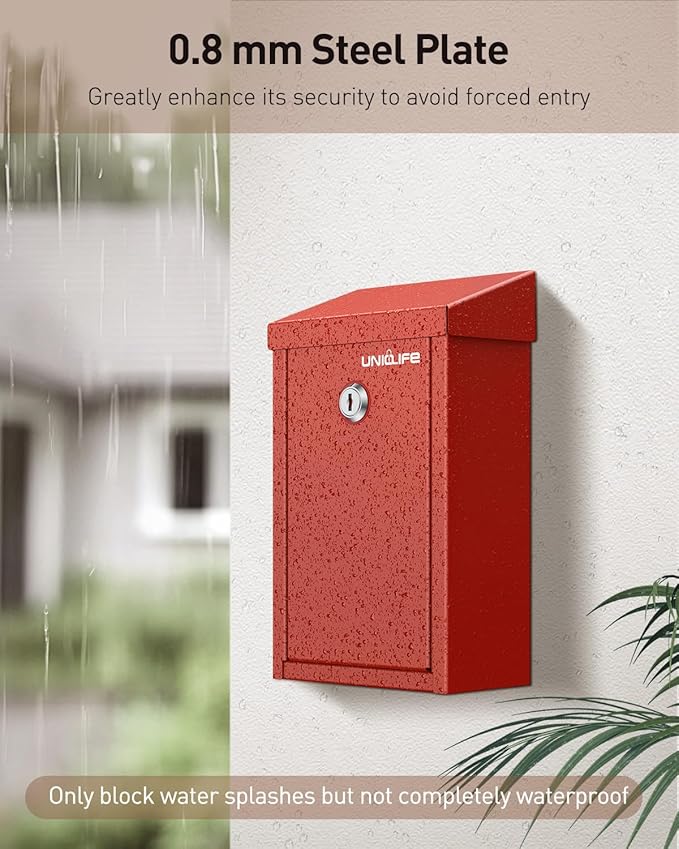 Uniclife Key Drop Box for Outside, Red Metal Donation Box Collection Box with Key Lock, Safe Suggestion Box, Wall Mounted Mailbox with Top Slot, Steel Cash Drop Box for Home Office and Business