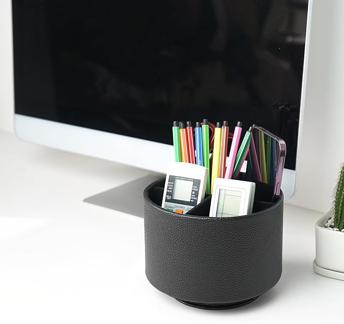 Hennaja Round Leather Art Supply Organizer,Remote Control Holder,360 Degree Spinning,Multi-Functional Pencil Holder,4 Compartments Desktop Stationary Organizer(1-Lichee Black)