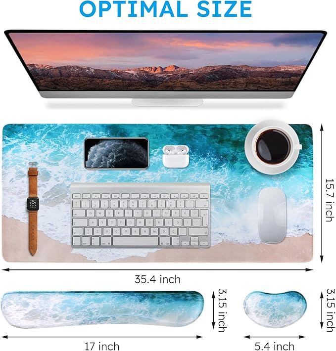 iCasso Keyboard Mouse Pad Set,Extended Gaming Mouse Pad + Keyboard Wrist Rest Support, Memory Foam, Easy Typing Pain Relief, 3Pcs (35.4×15.7 in) Large Ultra Thick Mousepad Desk Mat (Beach)