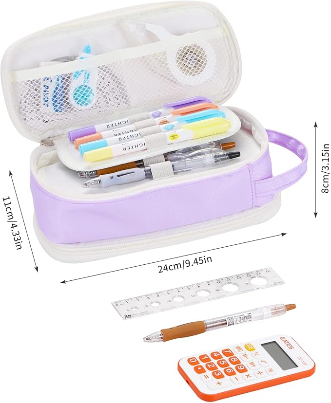 Large Pencil Case Zipper Pencil Pouch for Girls Adults Kids Aesthetic Pencil Bag Organizer Big Capacity Pen Bag with Handle Portable for School Office Purple