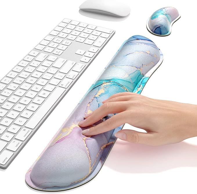 Dapesuom Enlarge Keyboard Wrist Rest, Memory Foam Wrist Cushion for Desk Mats Support, Cute Marble Pain Relief Keyboard Mouse Pad Rests Set with Non-Slip Base for Gaming Laptop Office, Blue Ink