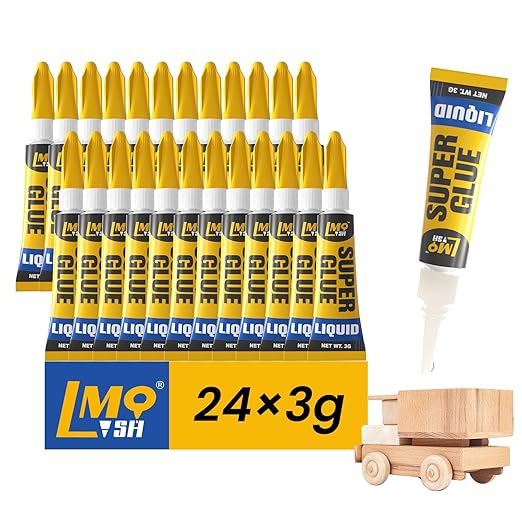 Super Glue 24x3g Liquid CA Glue, Clear Cyanoacrylate Adhesive Single Use for Shoe Sole Repair Ceramic Plastic Model Metal Wood Aquarium Leather Pottery Glass, Food Safe Strong and Instant Bonding