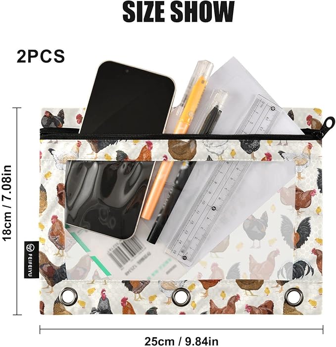 ALAZA Pencil Pouch for 3 Ring Binder, Hens Roosters and Chickens Binder Pencil Pouches with Clear Window Zipper Pencil Case Cosmetic Bags for Office College Supplies, 2PCS