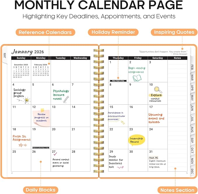 2026 Planner, Weekly and Monthly Calender Planner, Jan 2026 to Dec 2026, Hardcover 2026 Calendar Planner Book with Tabs & Inner Pocket, Office Home School Supplies for Women & Men - A5 (6.3" x 8.5"), Bright Orange