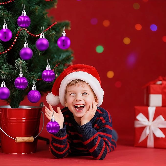 Set of 24 Small Purple Christmas Ornaments Balls for Christmas Tree, 1.2 inch Mini Purple Ornaments for Mini Tree, Plastic Shatterproof Hanging Bulbs Xmas Valentine Party Indoor Outdoor Decorations