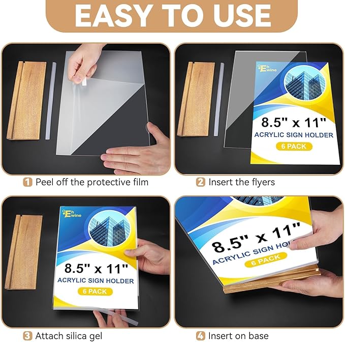 EHWINE 8.5 x 11 Acrylic Sign Holder, 6 Pack L Shape Frames With Wood Base, Clear Table Flyer Menu Stand for Office Business Store, Brown and Wood Color Base
