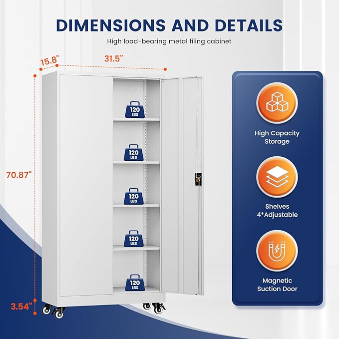 Yizosh Metal Garage Storage Cabinet with Locking Doors and Adjustable Shelves,- 75" Rolling Steel Tool Cabinet for Home Office,Garage,Warehouse