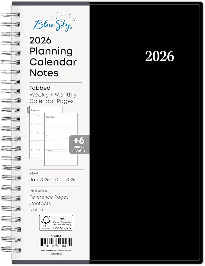 Blue Sky 2026 Weekly and Monthly Planner Calendar Notes, Includes January 2026 - December 2026, 5.875" x 8.625", Flexible Cover, Wirebound, 30 Extra Notes Sheets, Laminated Tabs, Enterprise